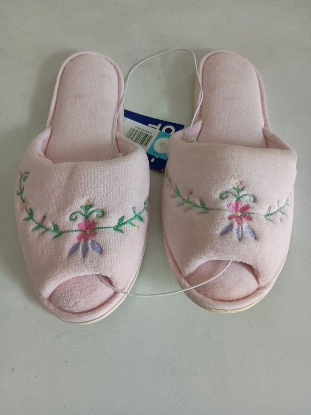NWT vintage 80s peep toe terry cloth indoor slippers flower embroidery